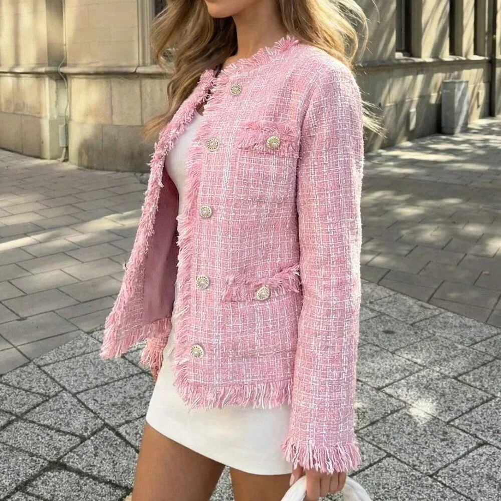 Pink Elegant Women's Tassel Fitted Jacket - Picture 4 of 10